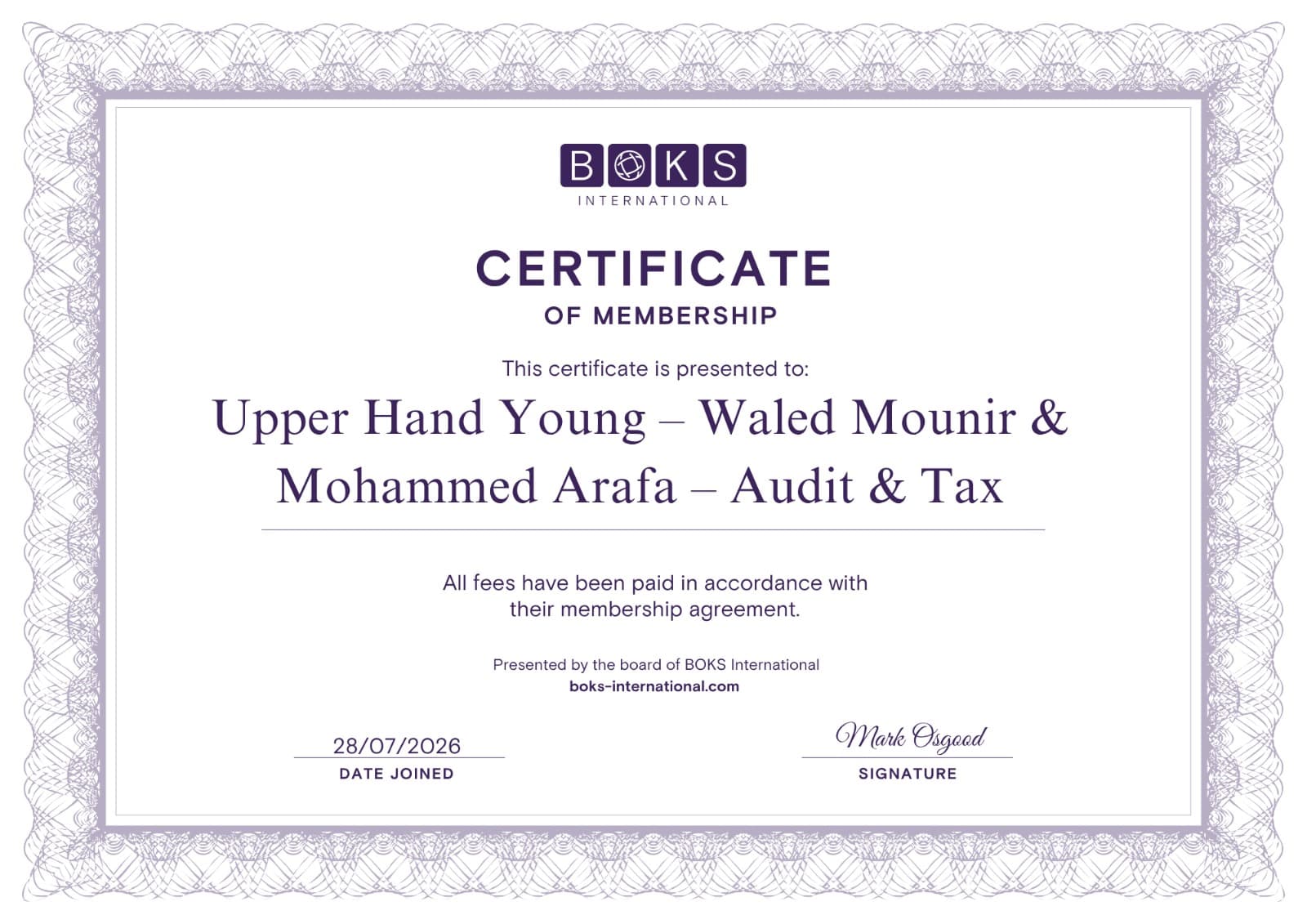 BOKS International Certificate of Membership presented to Upper Hand Young — Waled Mounir & Mohamed Arafa